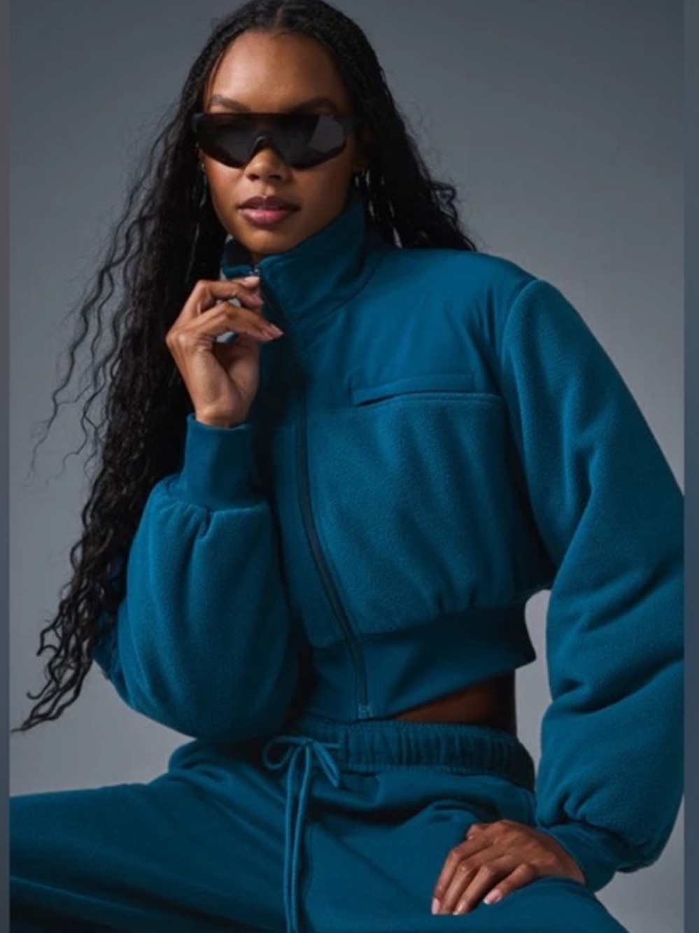 ALO Yoga Teal Blue Cropped Fleece Jacket